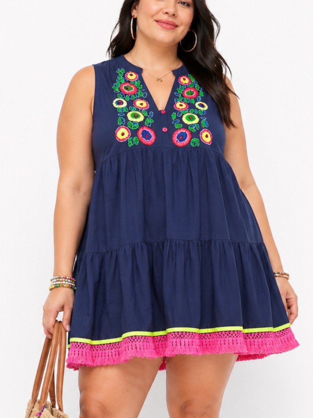 VELZERA Beaded Embroidered Tiered Fringe Tunic Mini Dress Folk Boho Festival 3XL
